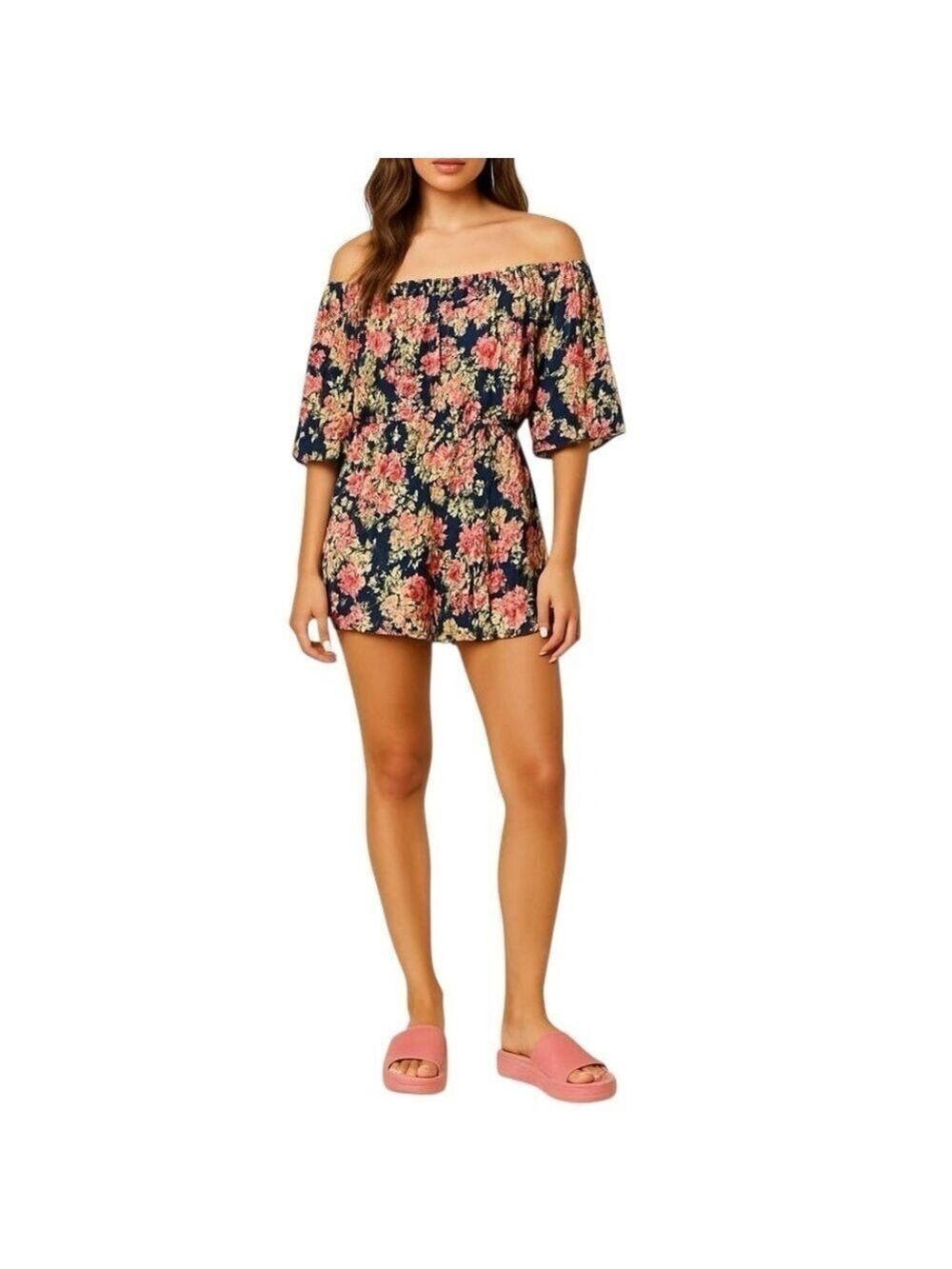 KORI Floral Print Romper On or Off Shoulders Elastic Waist Flowy New with Tags L